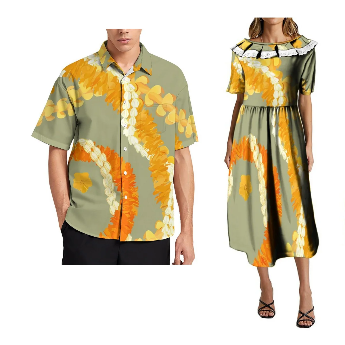 Polynesian Women Multicolor Long Dress Samoan Men Shirt With Pockets 2024 New Couple Matching Soft Comfort With Lace