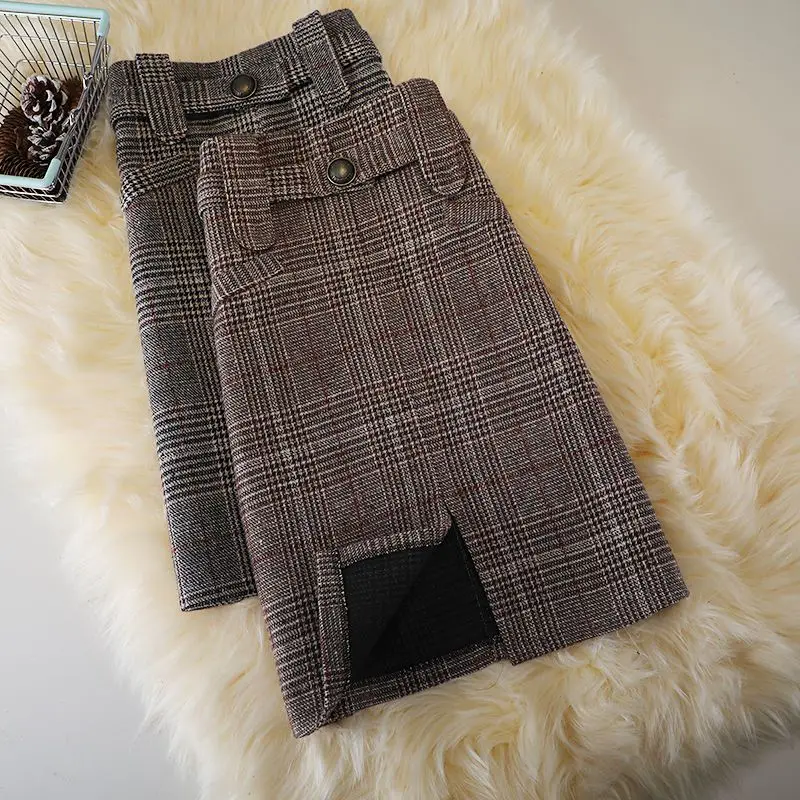 Women's Plaid Wool Midi Skirt Back Slit Bodycon Pencil Skirt Winter Trendy Office Falda Holiday Skirt Ruffled Hem A-line Corset