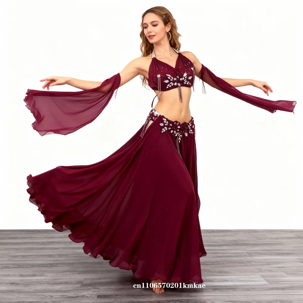 Bauchtanz-Performance-Kostüm-Set, Feen-Stil, mit Strass besetzt, großer handgefertigter BH + langer Rock, 2-teiliges orientalisches Bauchtanz-Set