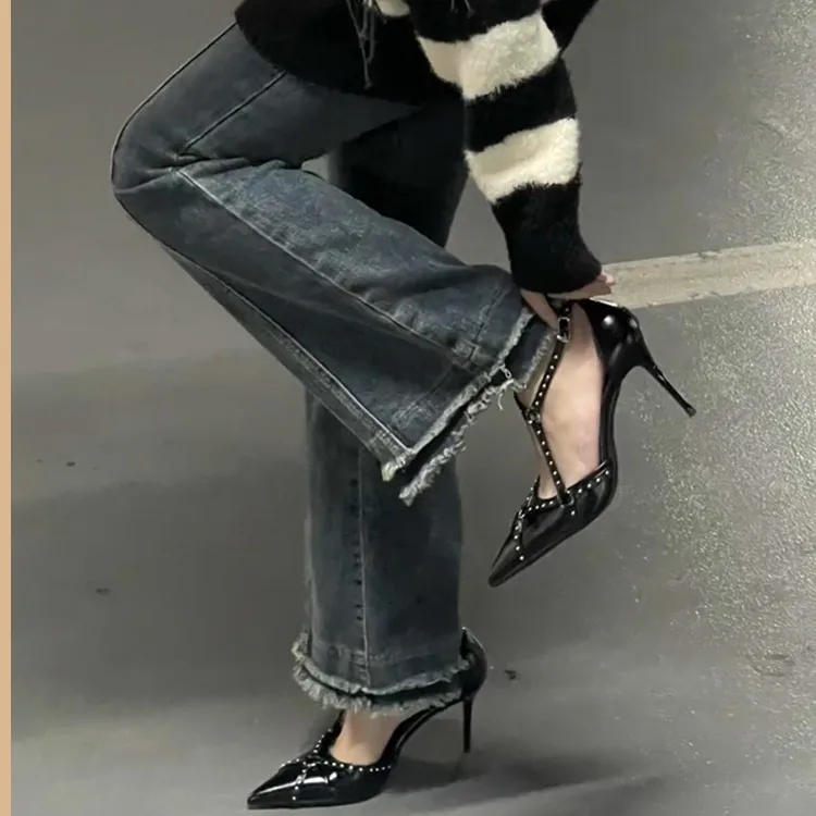 French vintage pointy riveted high heels for women 2023 spring and autumn new skinny with punk style with sexy single shoes