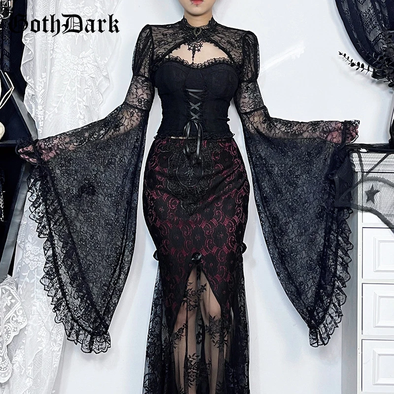 

Goth Dark Vintage Lace See Through Crop Shurg Tops Fairy Sweet Flare Sleeve Short Smock Outerwear Mall Goth Women Thin Techwear