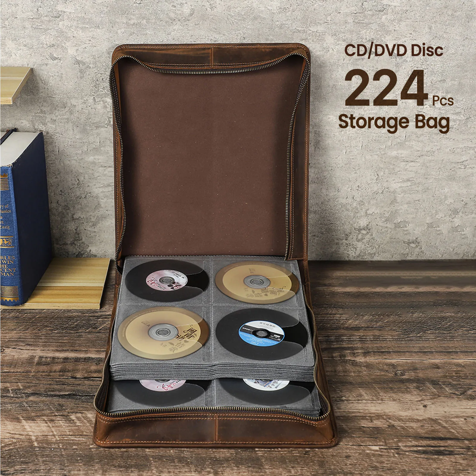 Genuine Leather Zipper CD DVD Wallet Holder Box 224 Discs Album Organizer Media Storage Case CD DVD Large Capacity Bag