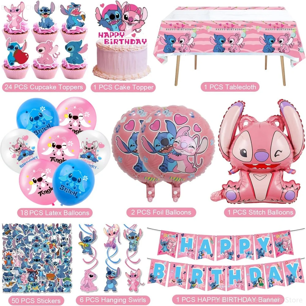 Disney Stitch Party Decorations Set Pink Angel Theme Balloons Stickers Tablecloth Banner for Kids Girls Birthday Party Supplies