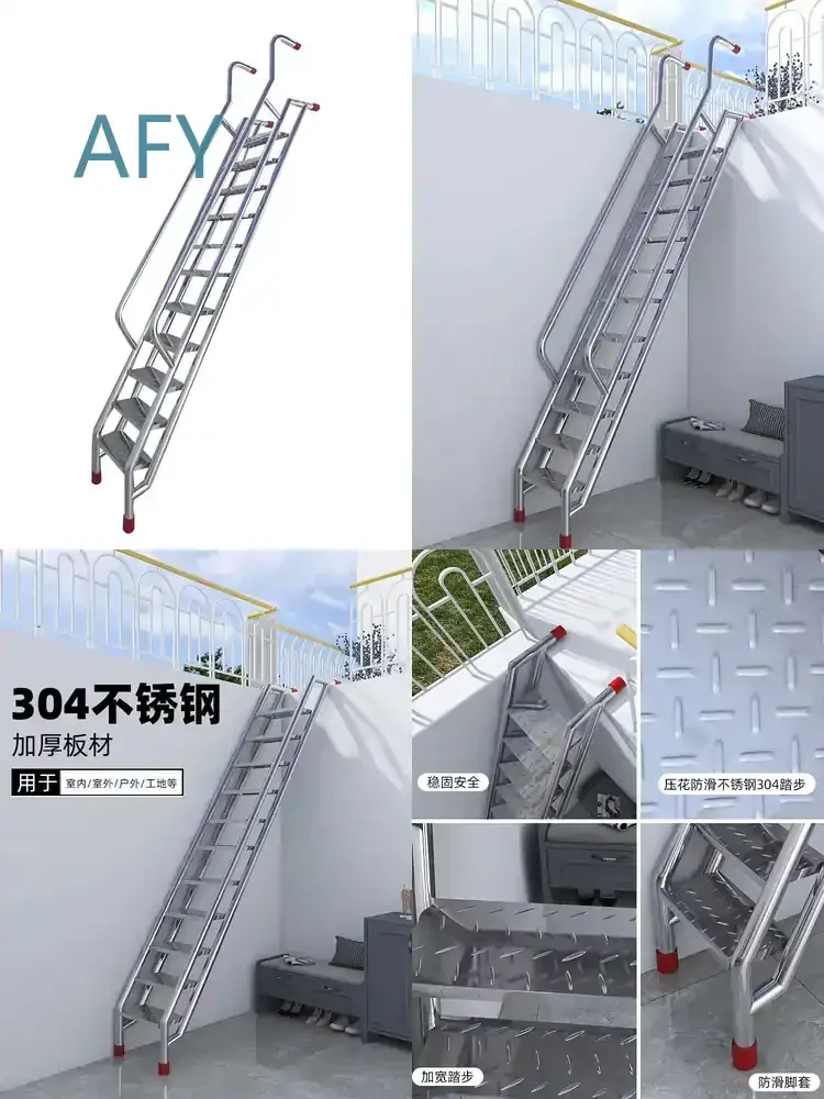 for Household Outdoor 304 Stainless Steel Ladder Thickened Anti-Slip Step Stainless Steel Handrail Industrial Straight Ladder