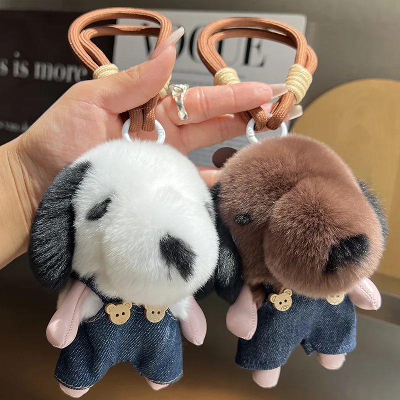 Lindo lontra conejo piel perro coche llavero colgante juguete de peluche muñeca mochila decoración