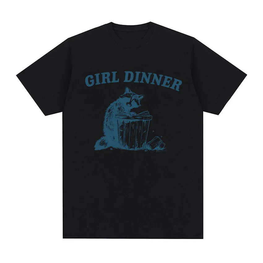 Girl Dinner Funny Cute Raccoon Graphics Tee Shirt for Men Women Vintage High Quality T-shirt 100% Cotton Fashion Tees Streetwear