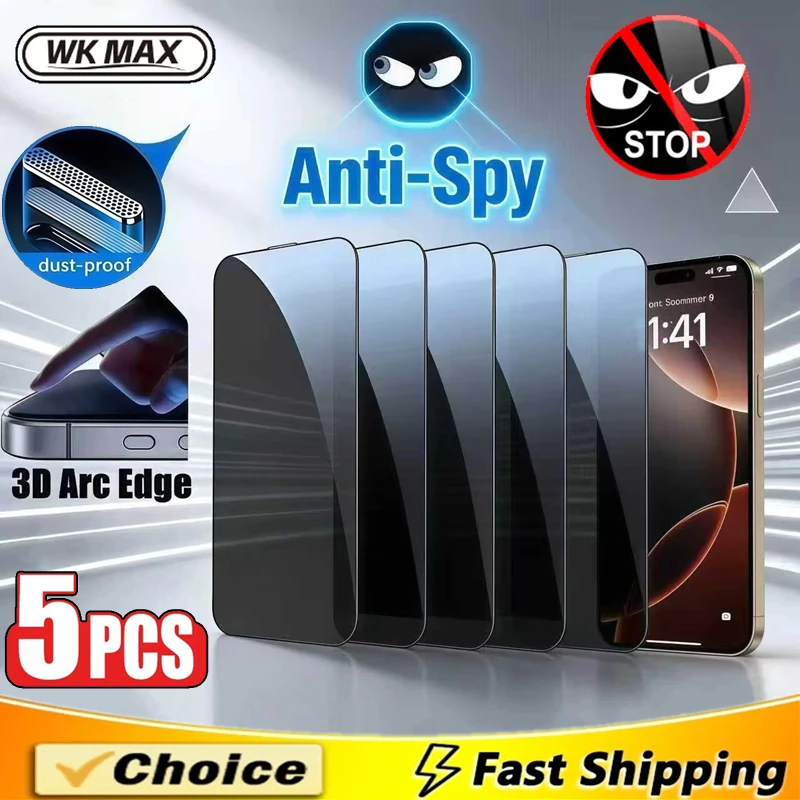 

5Pcs New Dust Free Privacy Screen Protector For iPhone 16 15 17 Pro Max 14 Plus Anti-spy Glass For iPhone 13 12 11 PRO XS MAX XR
