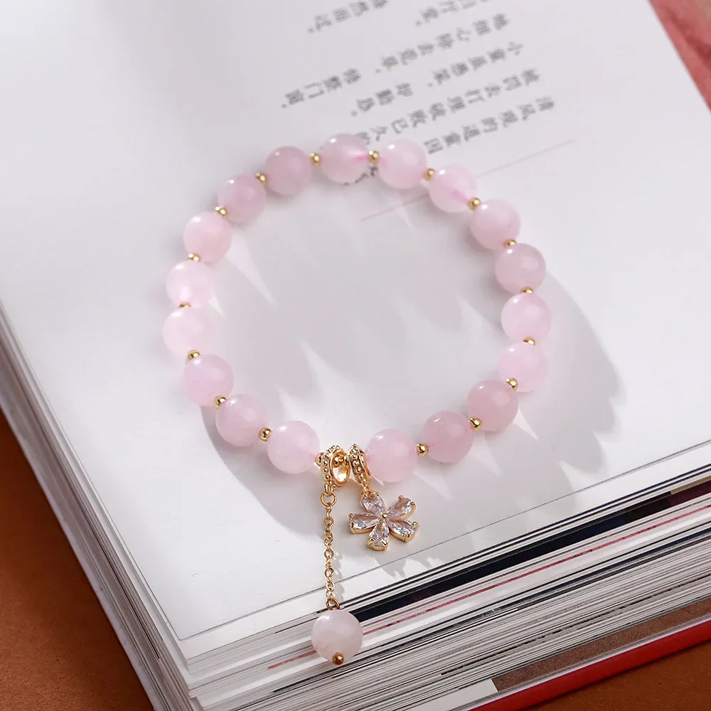 Ruifan 8mm Pink Natural Rose Quartz Beaded Strand Bracelets for Women Female Zirconia Flower Fine Jewelry Wholesale YBR836