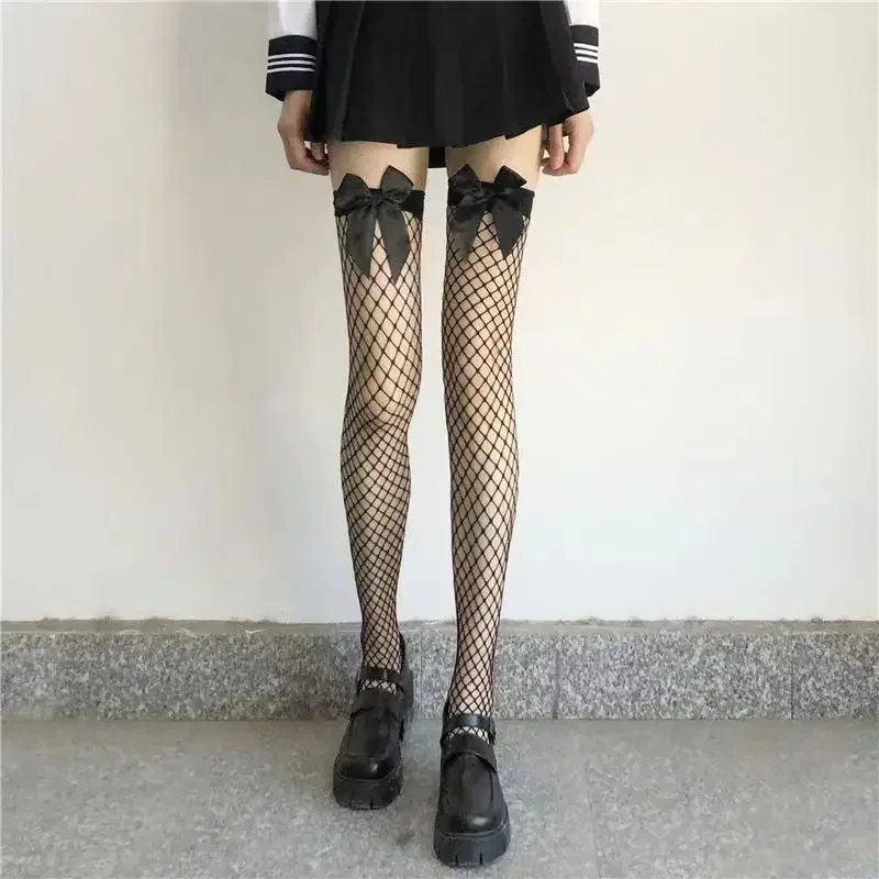 JK Costumes Women Sexy Thigh High Fishnet Stockings Lolita Girls Gothic Punk Transparent Over Knee Red Wide Edge Long High Socks