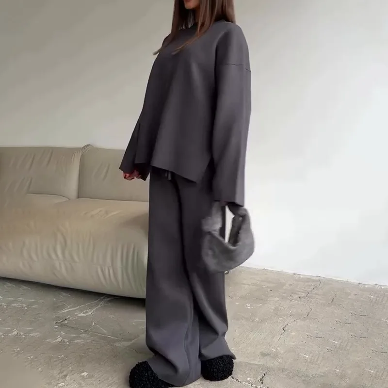

2025 Spring European and American 's Solid Color Round Neck Fashion Casual Wide-Leg Pants Sweater Set Women