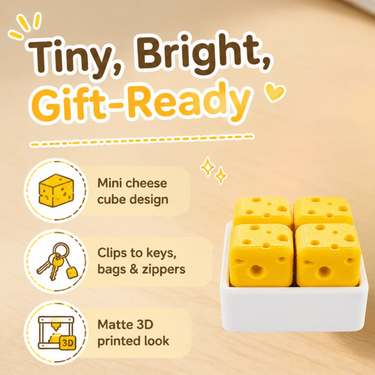 1 Pc Pocket Sized,3D Printing PLA Cheese Cube Clicker,Simulation Food Design Stress Fidget Toy,Creative Keychain Accessories