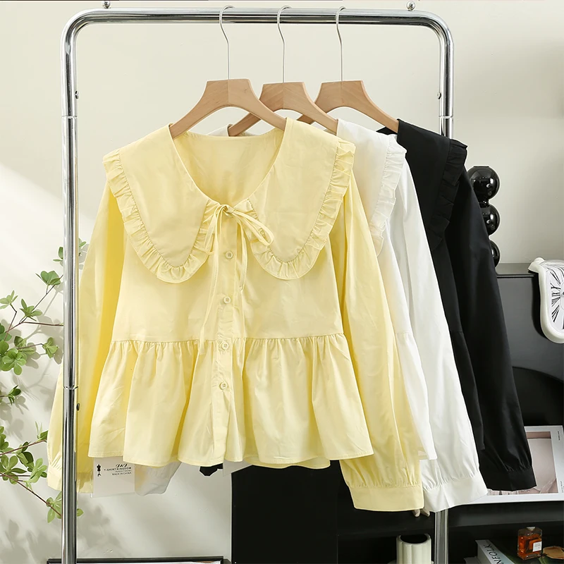 Sweet Peter Pan Collar Blouse Long Sleeve Single Breasted Lace Up Solid Color Women Shirts Spring Summer Casual Tops