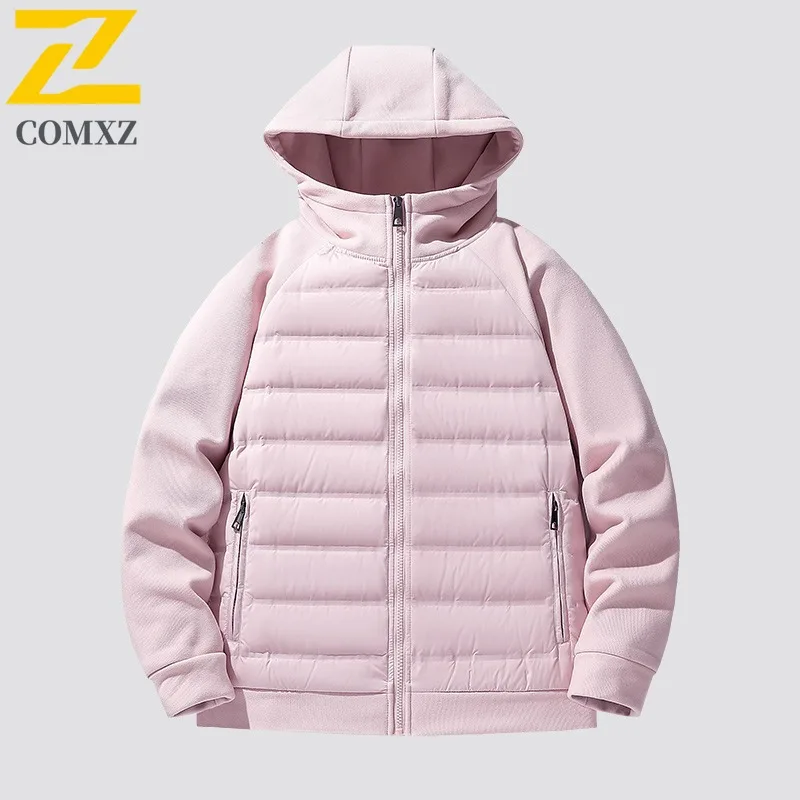COMXZ Winter Mens Puffer Jacket Classics Hooded Camping Sleeve Puffer Coat Plus Size Durable Warm Quality Winter Outerwear