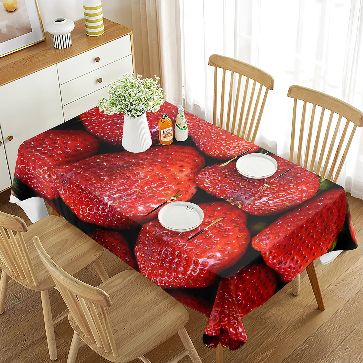 Strawberry Tablecloth Delicious Food Art Theme Decor Tablecloth for Dining Room Outdoor Picnic Mat Kitchen Wedding Banquet Decor