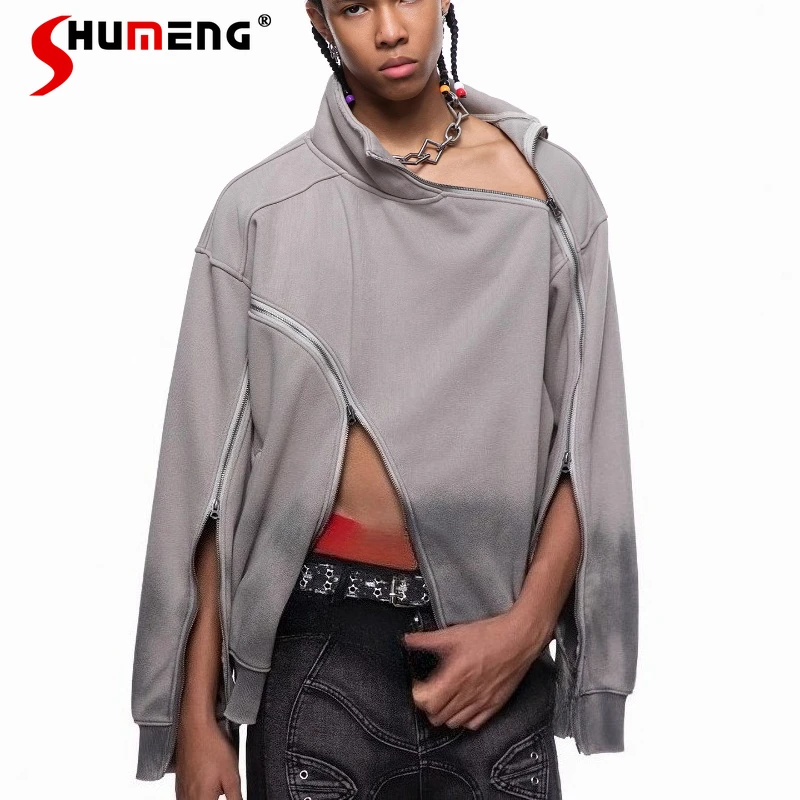 

American Style High Street Fleece Lined Turtleneck Sweatshirts Men 2025 Winter New Zipper Unique Tops Solid Color Sportswears