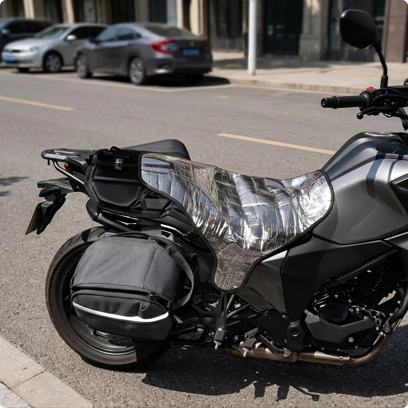 Motorcycle Seat Cover for Rain Sun Protection Silver Reflective Polyester Saddle Guard with Adjustable Cord