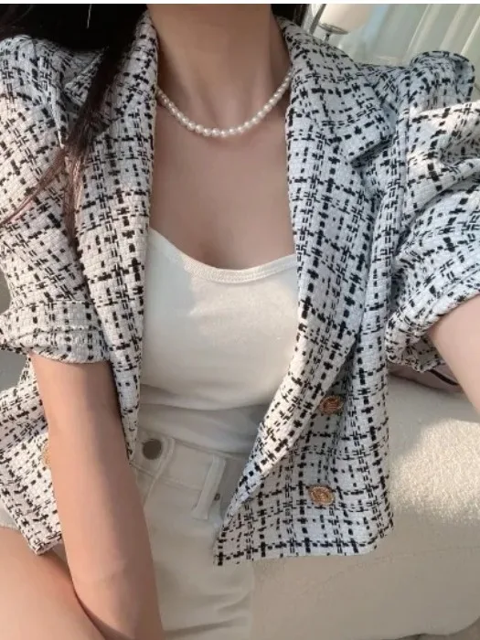 

Chic V-Neck Bubble Sleeve Short Sleeve Jacket Women's Summer Unique Design Fragrance Style Short Outerwear Korean Loose Fit
