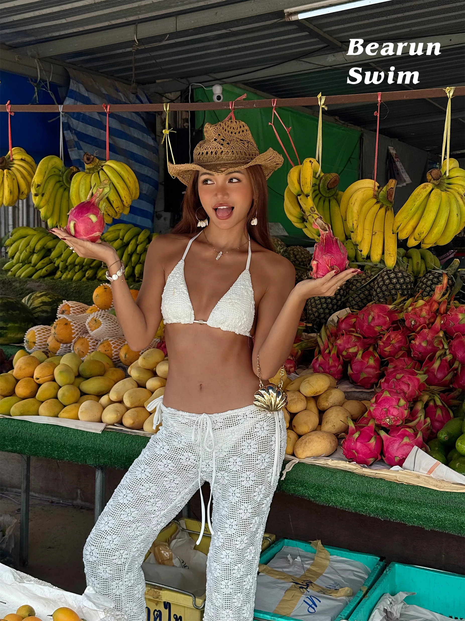 

Bearun Swim Bikini Set Neck Hanging Style Vacation Theme Small Chest Gathered Separate Swimsuit Women's Sport Fitness Fan Gear