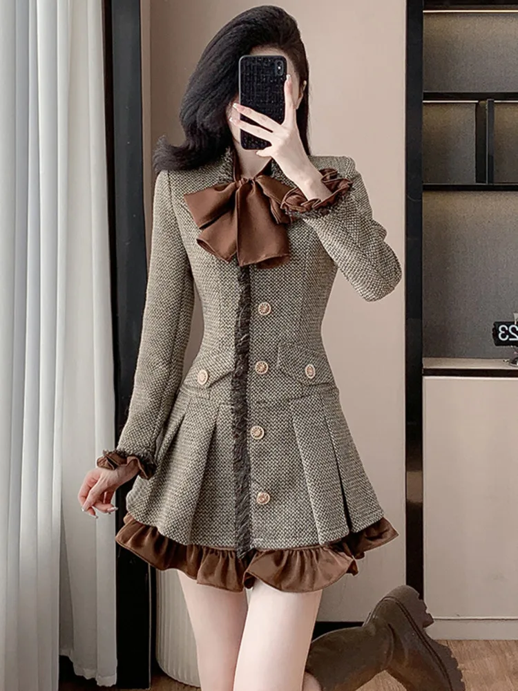 Light Luxury Small Fragrant Style Dress For Women's Elegant Bow Splicing Fake 2-piece Slim Fit Women Tweed Pleated Short Skirt