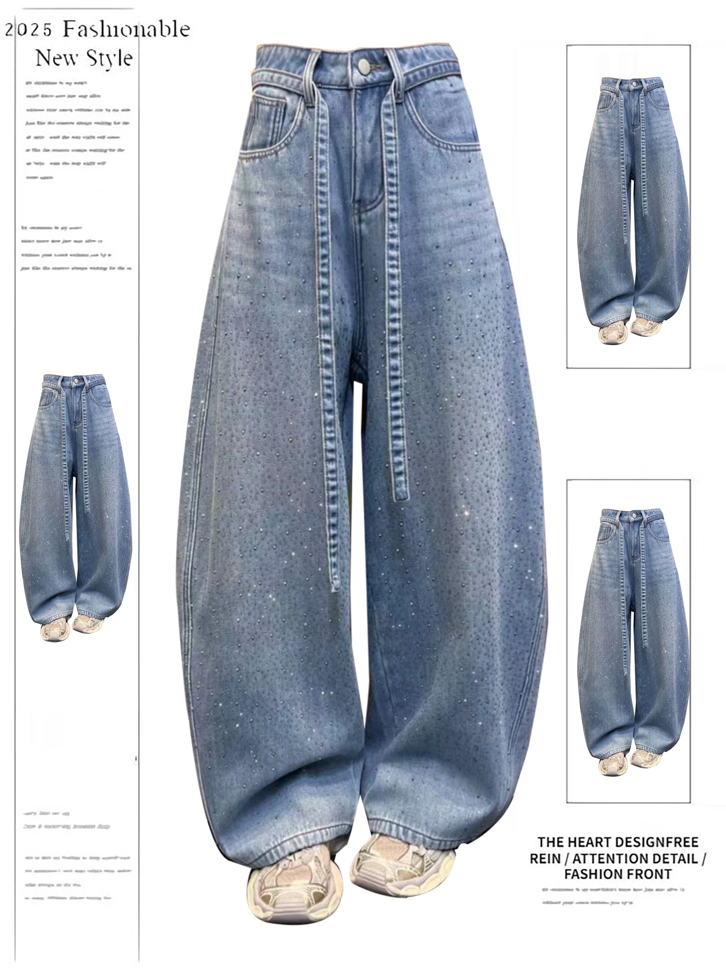 

Американские ретро-джинсы с широкими штанинами и стразами, женские свободные брюки в пол, повседневные джинсы с высокой талией