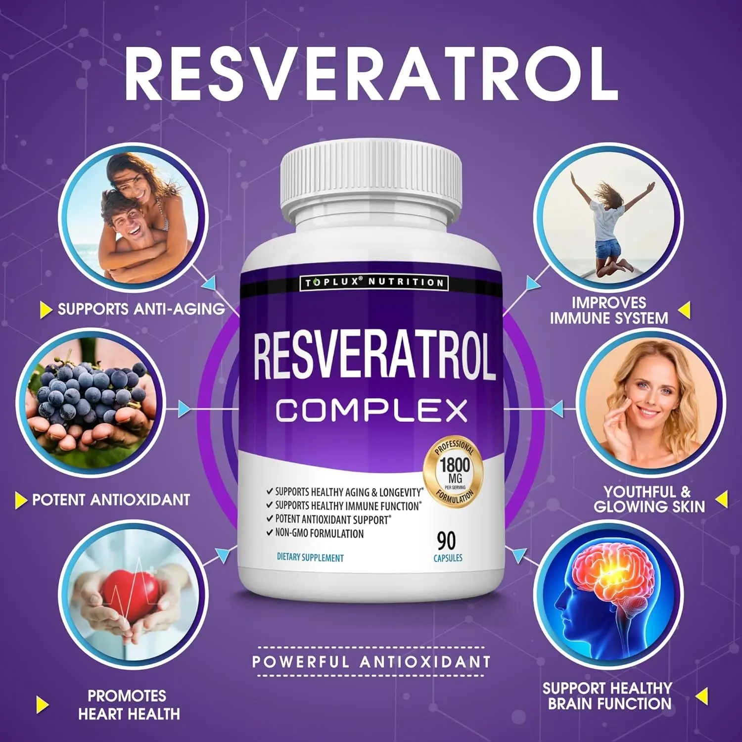 Resveratrol Complex 1800mg Capsules Antioxidant Complex Trans Resveratrol Supplement for Men Women | Non-GMO, Gluten Free