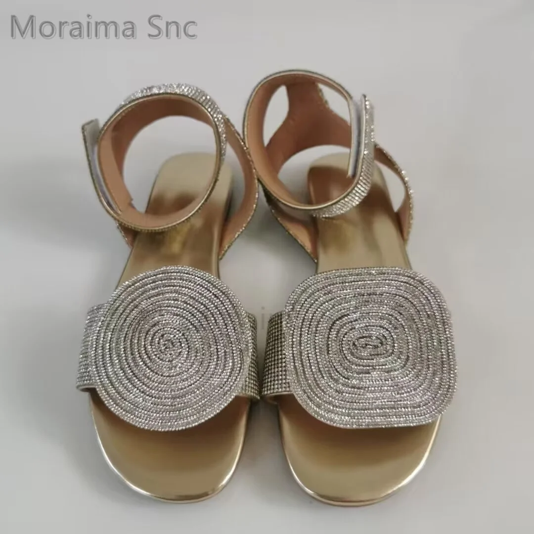 Gold Full Rhinestone Sandals for Women Bling Bling Diamond Luxurious Hook Flat Sandals Vacation Beach Casual Summer Shoes