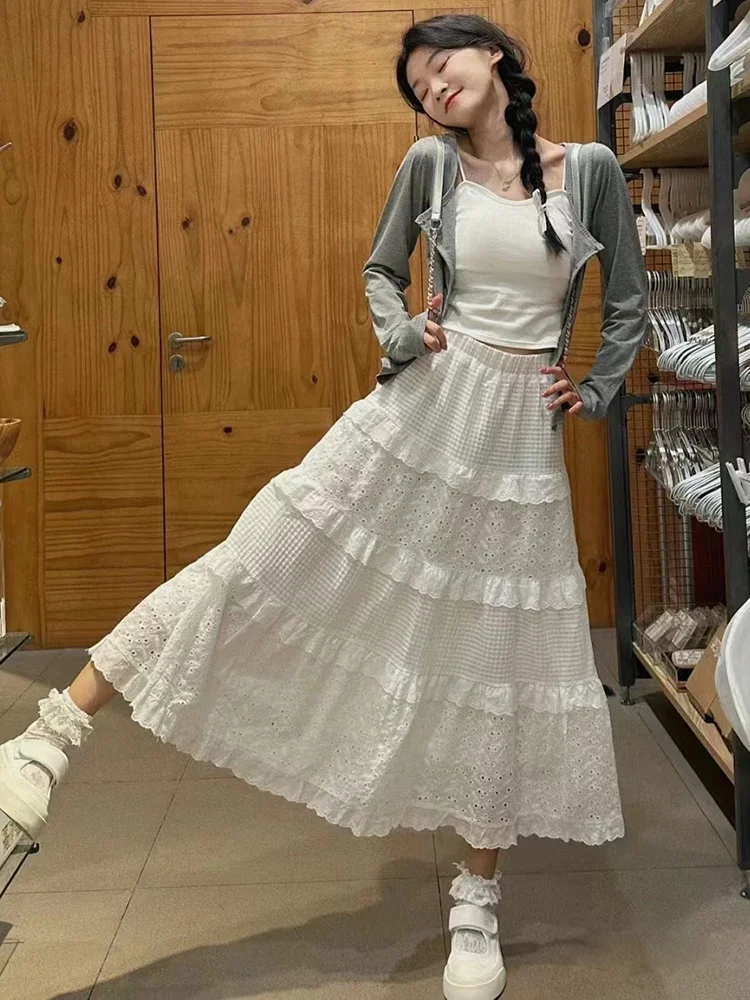 

Ele Белая кружевная юбка с высокой талией, длинная весна 2024, юбка-тортик для молодых девушек, милая аосфера, корейский Sle