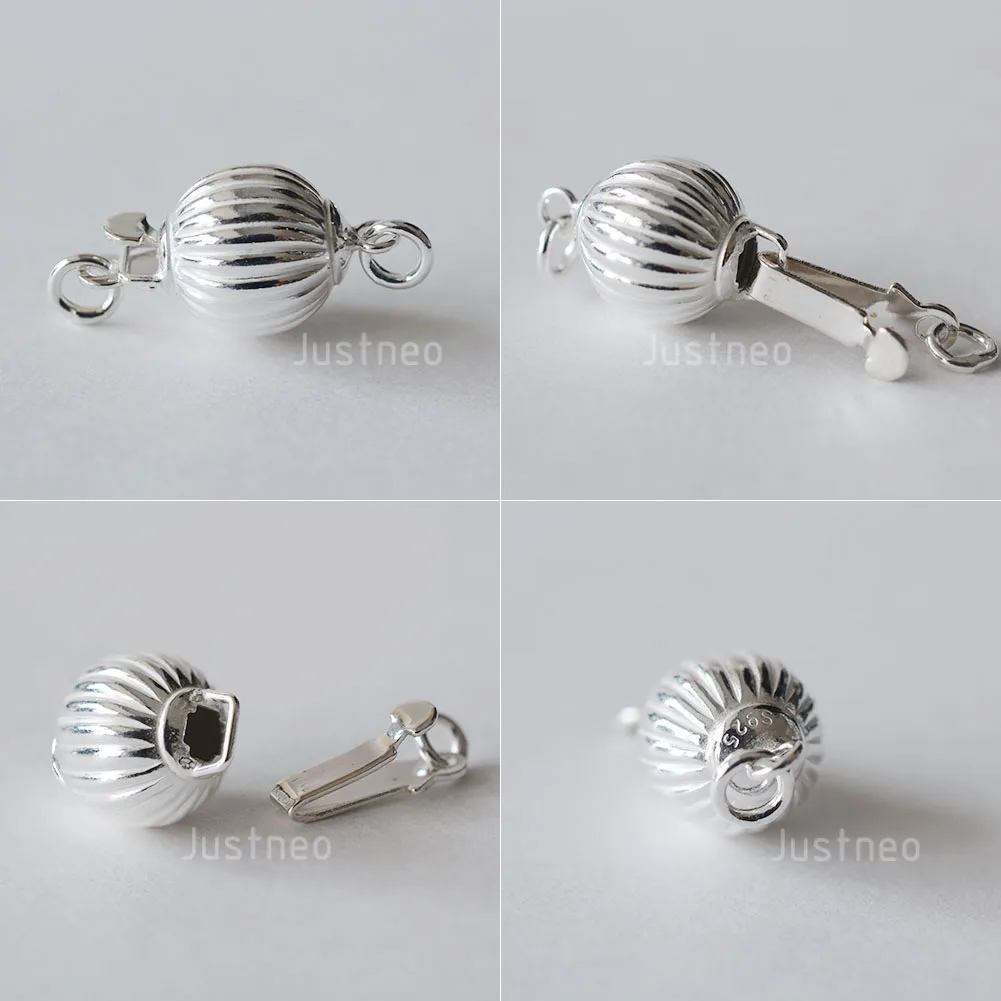 Solid 925 Sterling Silver Round Ball Box Clasp for Pearl Necklace Jewelry diy Components, 1 piece/lot