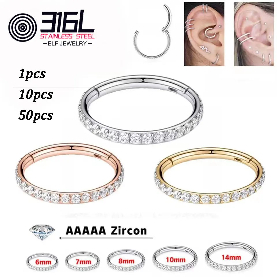 

1/10/50pcs 316L Stainless Steel Nose Ring CZ 16G 18G Hinged Septum Clicker Segment Ear Tragus Cartilage Helix Daith Jewelry