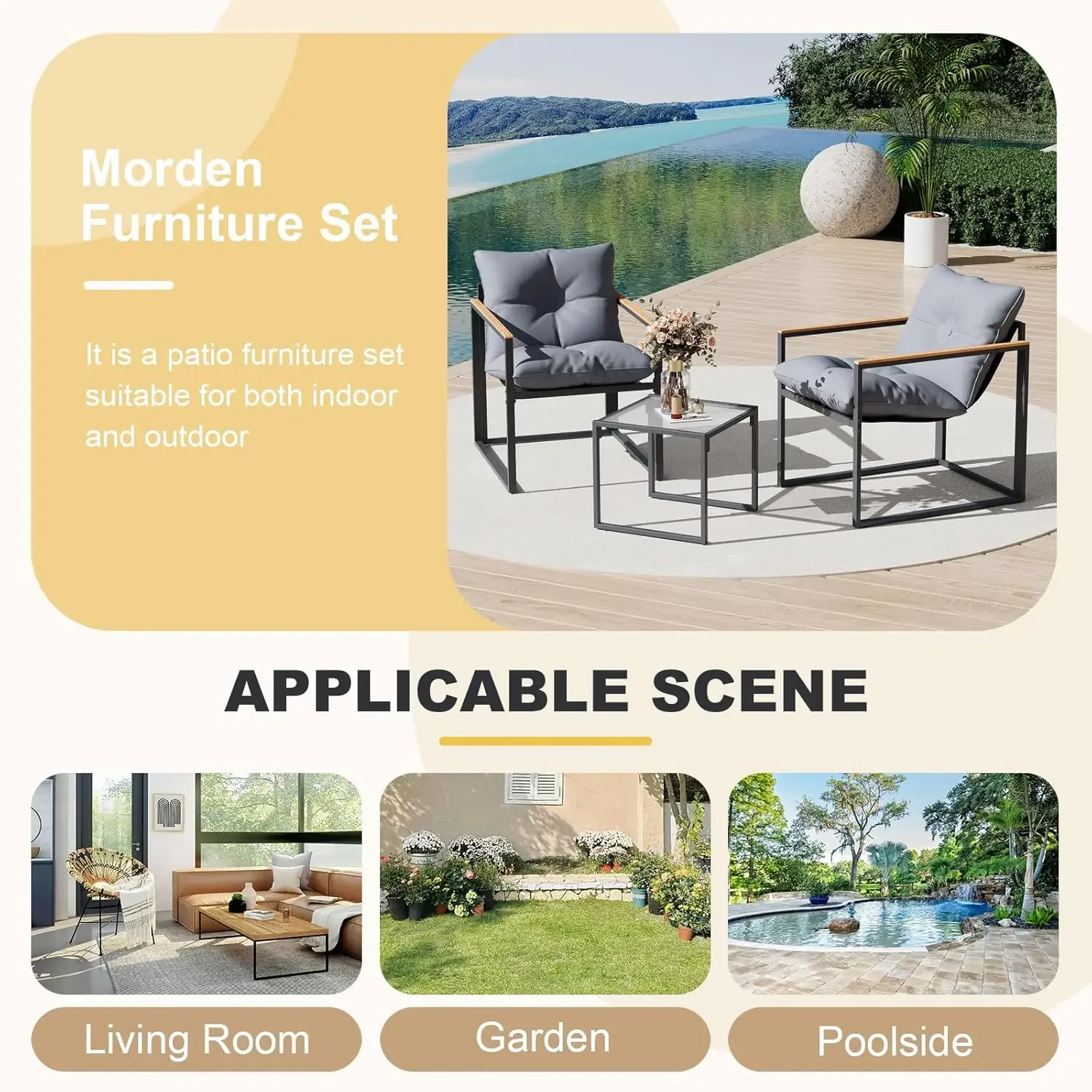 Ensemble de meubles de patio 3 pièces, chaises de porche extérieur, ensemble de 2, meubles de balcon pour appartement avec chaises et table, épais inclus