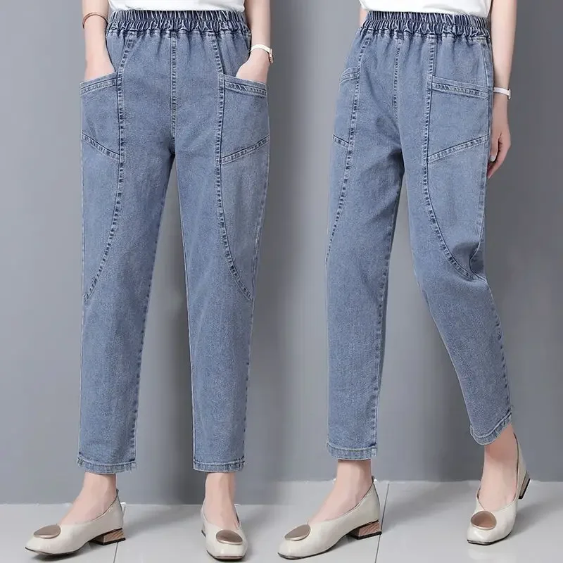 Vintage High Waist Ankle-length Blue Jeans Harem Elastic Denim Pants Large Size 4xl Woman Jogger Vaqueros Casual Baggy Spodnie