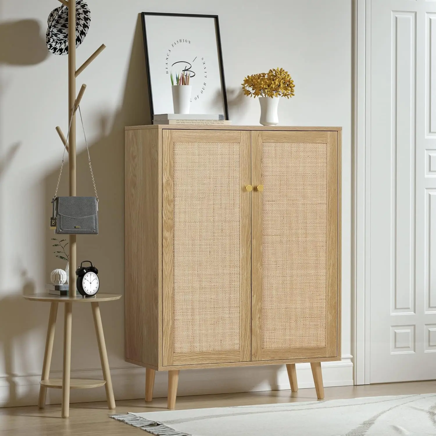 

44"" H Tall Sideboard Storage Cabinet With Crafted Rattan Front, Wood 2 Door Entry Accent Cabinet With Adjustable Shelves
