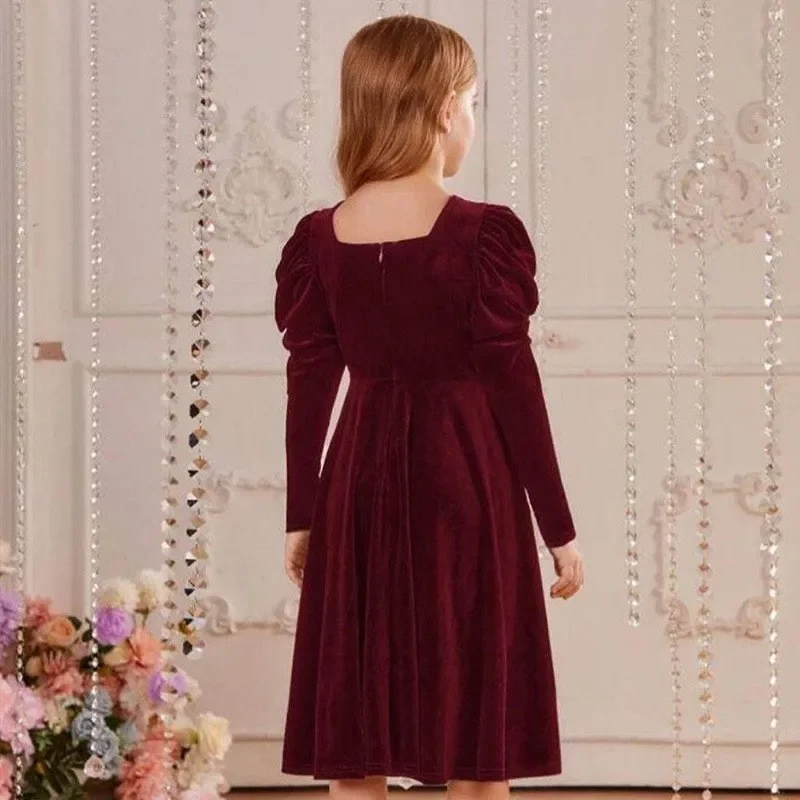 Baby Girl PrincessVintage Vestido Party Birthday Christmas Baby Clothes 2-14Y Pearl Velvet Dress Long Sleeve Toddler Teen