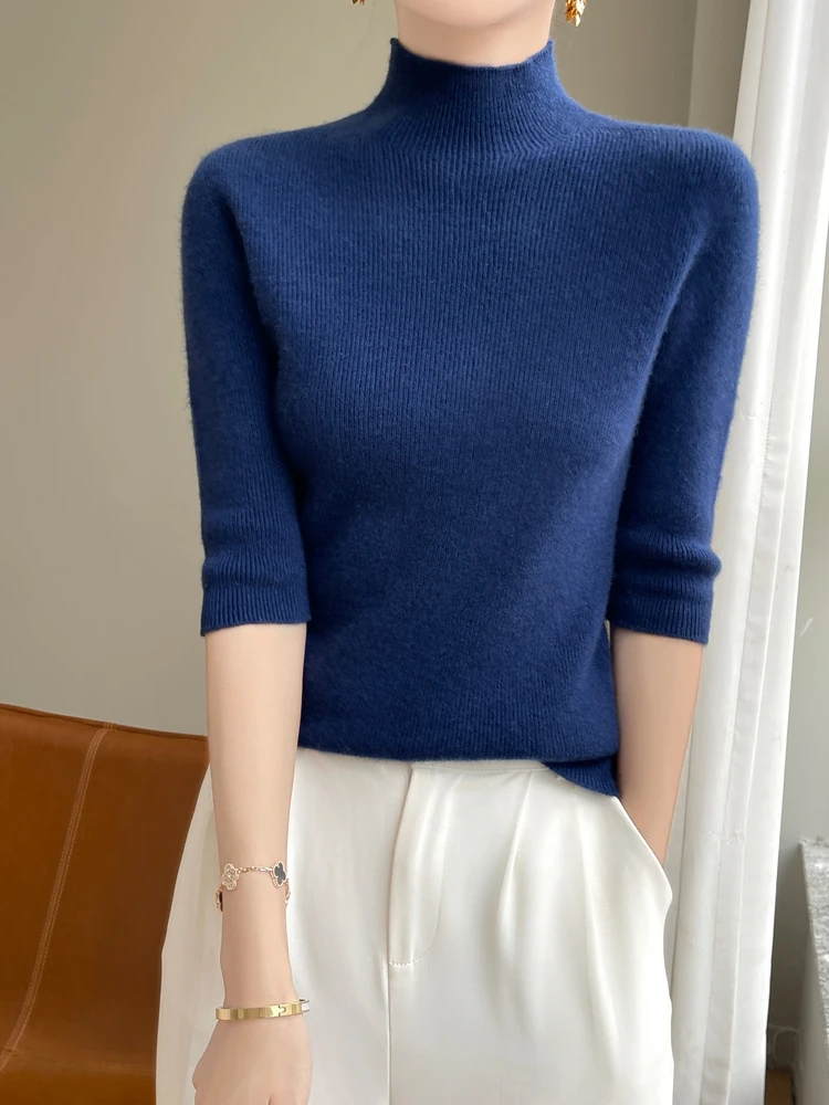 2025 New Fall Winter Sweater Half High Collar Pullover Half Sleeve Knitwear Women's SLIM Sweater Fashion Comfortable Sweater Top