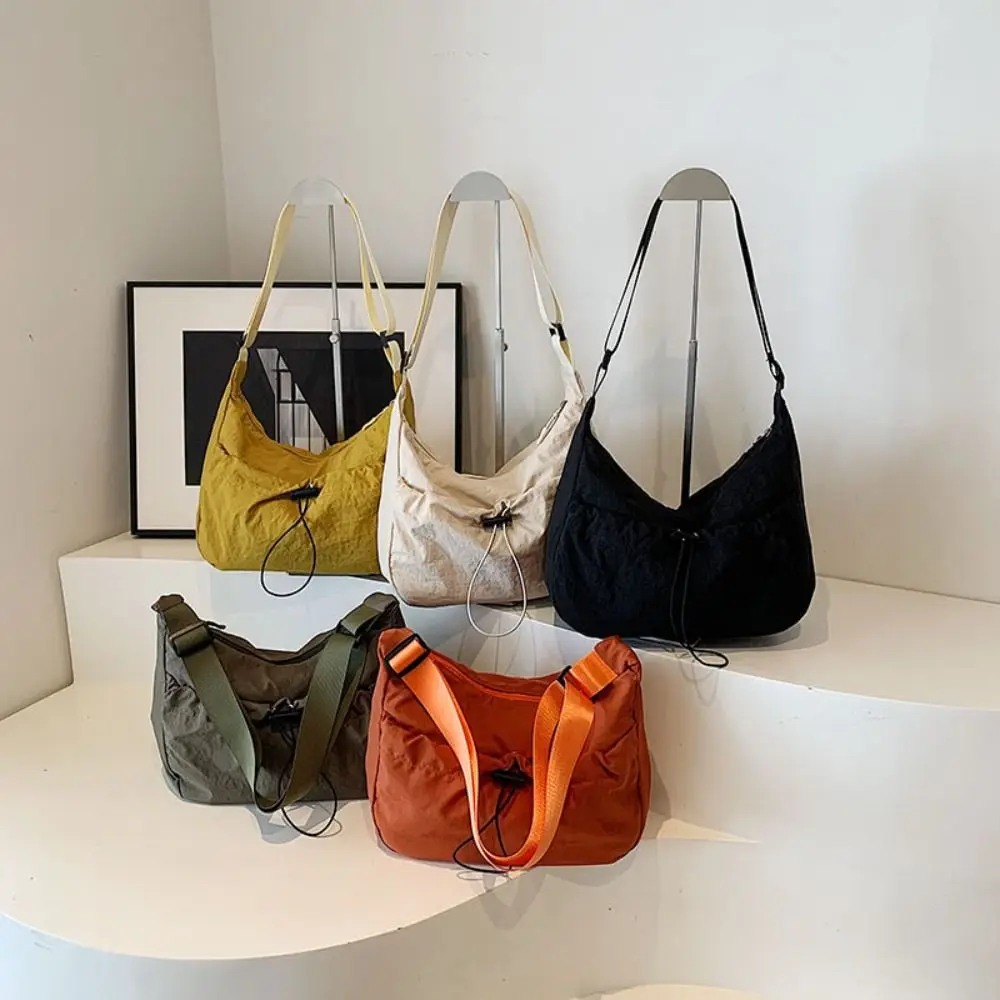 Solid Color Nylon Shoulder Bag Nylon Korean Style Drawstring Bucket Bag Tote Bag Adjustable Shoulder Straps Canvas Crossbody Bag