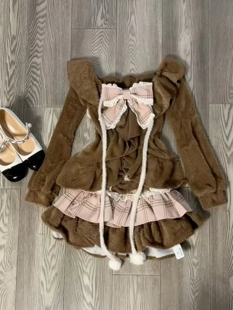 2023 Autumn Lolita Kawaii Suits Bodycon Corset Belt + Y2k Mini Dress Women Elegant Vintage 2 Piece Dress Set Female Chic Party