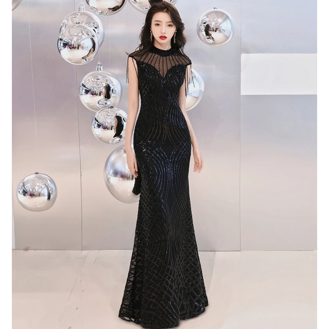 

Clearance Evening Dress O-neck Sequin Black Zipper Robe De Soiree Sleeveless Tassel Mermaid Women Party Formal Gowns F006