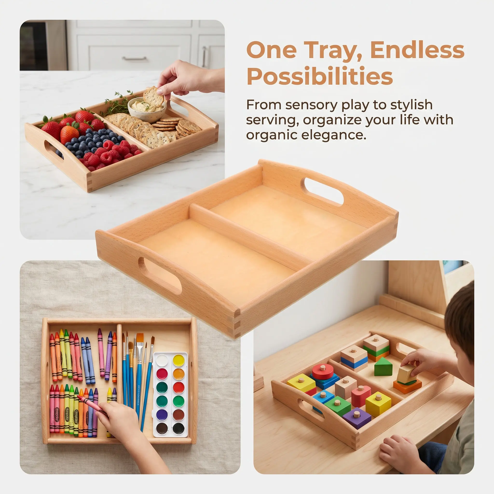 Premium Beech Wooden Tray for Kids Sorting Organization Teaching Aid with Large Handles Safe Rounded Corners Serving Sand Art