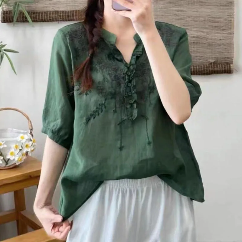 Vintage Fashion Solid Color Embroidery Spliced Shirt Summer Women\'s Clothing Loose All-match V-Neck Half Sleeve Blouse Female