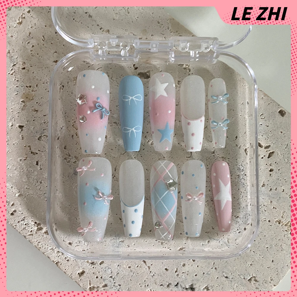 اللوز مربع الفرنسية البساطة اضغط على رسومات أظافر البولكا نقطة ستار القوس أجنحة Y2K ريترو 10 قطعة الأظافر اليدوية للتخصيص شكل