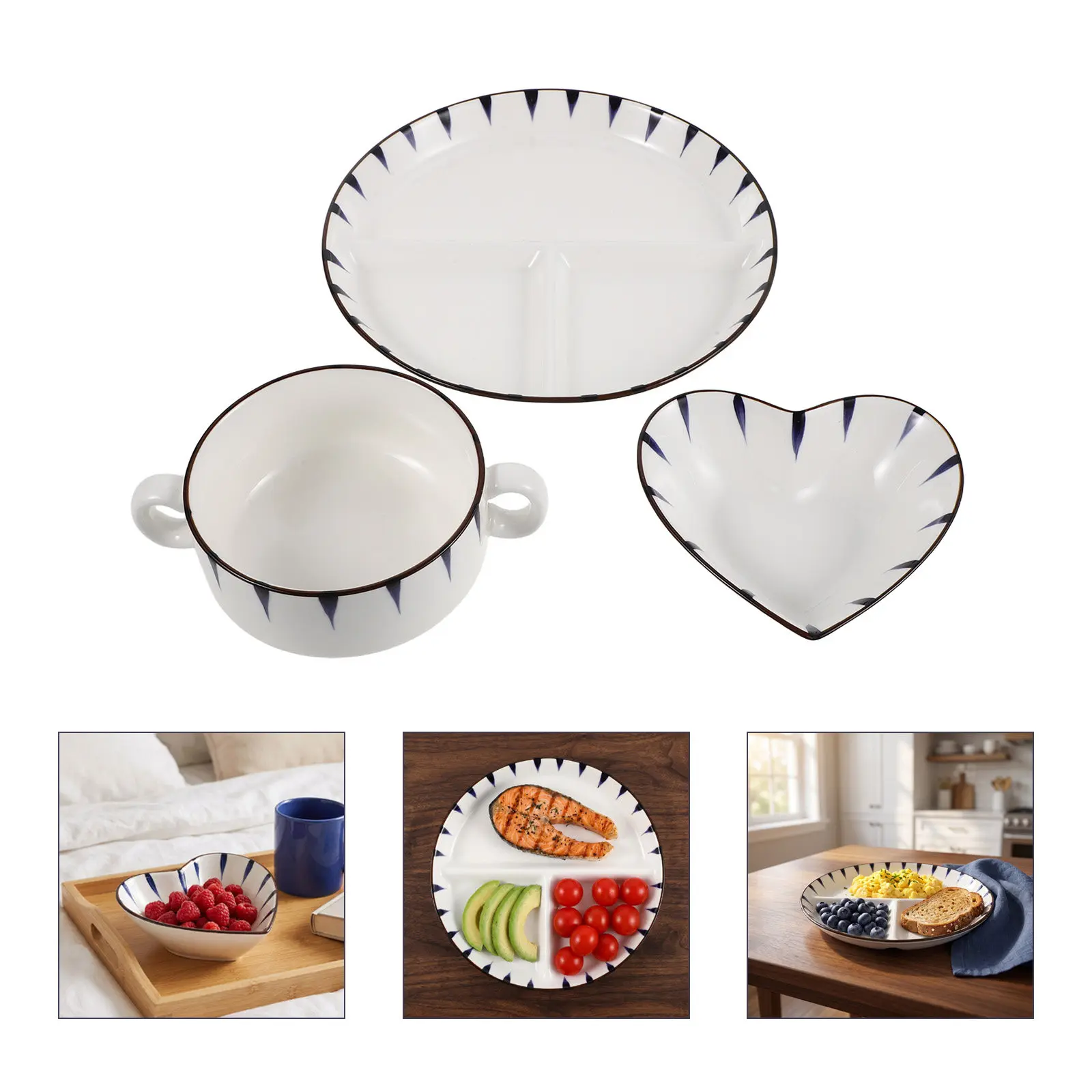 1Set 8 Inch Porcelain Divided Ceramic Plates Portion Control Dinnerware Set Microwave Safe Compartment Plates for Meal Prep