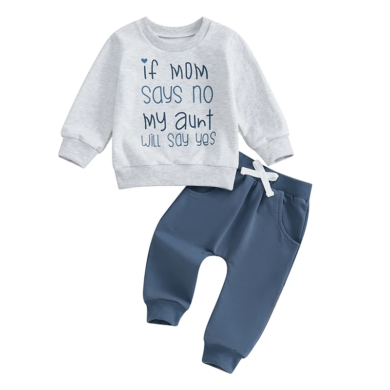 

Toddler Boy Fall Outfits Letter Print Long Sleeve Crew Neck Sweatshirt with Elastic Waist Solid Pants 2Pcs Set