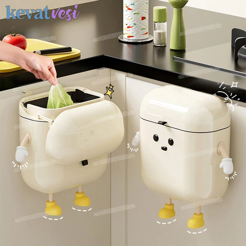 Cute Cartoon Trash Bin with Lid Drill-Free Wall-Mounted Hanging Bins for Kitchen Trash Bathroom Includes Hooks Garbage Can