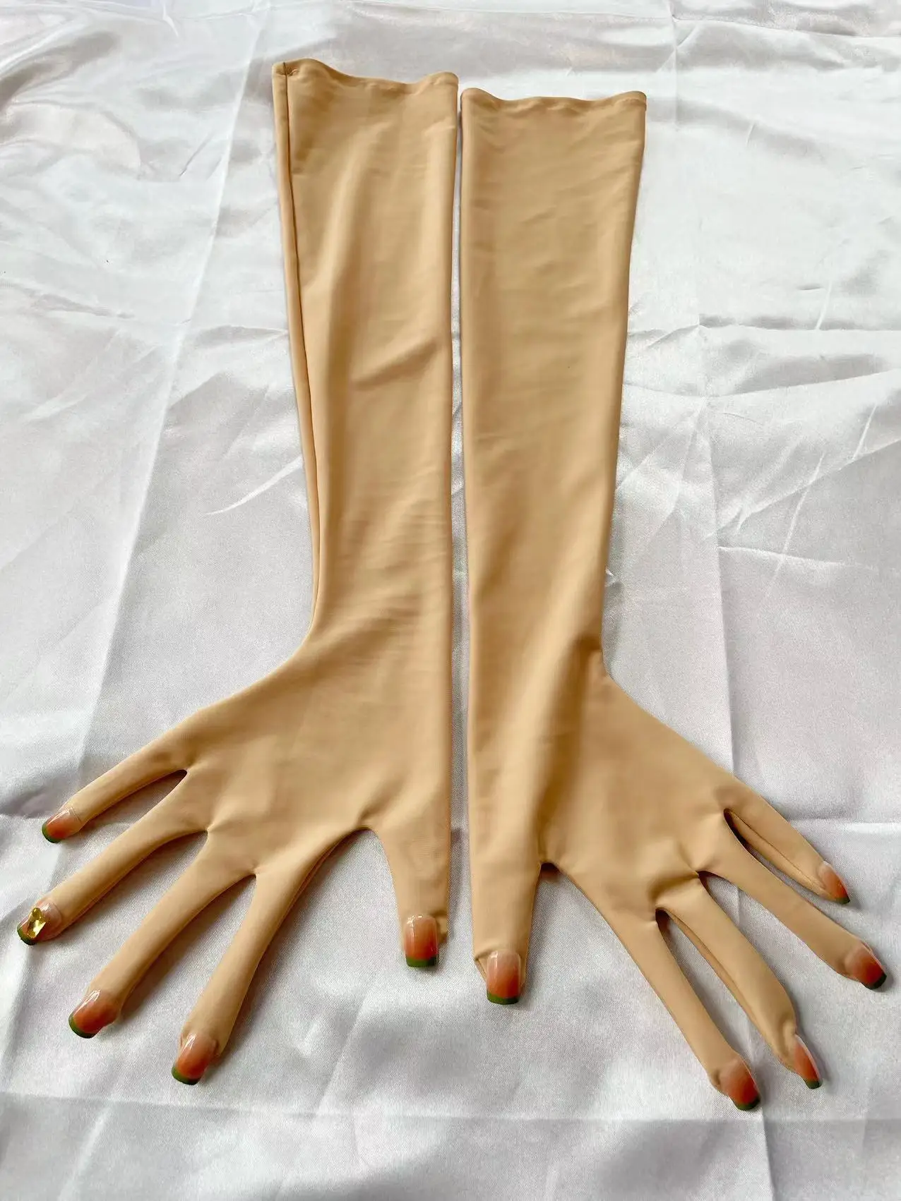 crossdress Cosplay female and male flesh/pink flesh kigurumi zentai skin long gloves with nails service