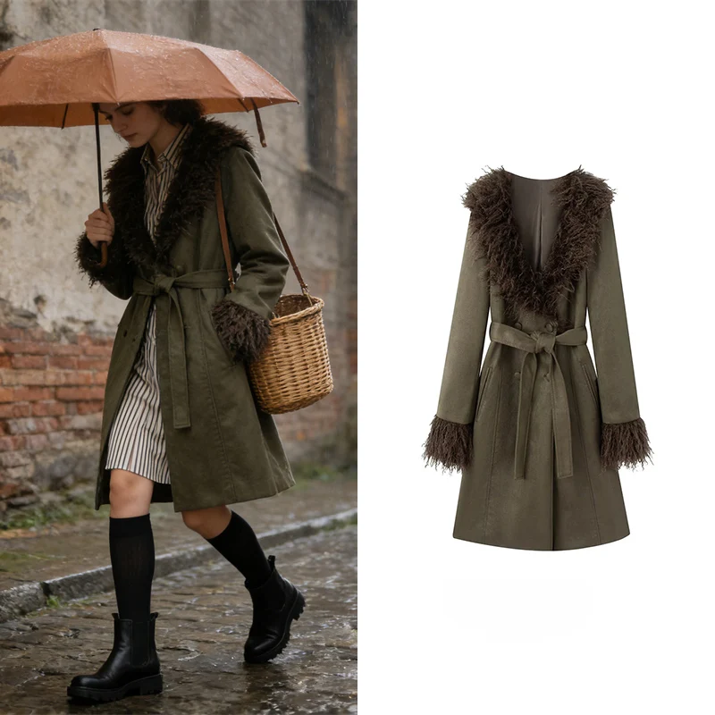 

Оливково-зеленое пальто с меховой отделкой, женское пальто из искусственной замши с поясом на талии и длинными рукавами, элегантная вечерняя верхняя одежда