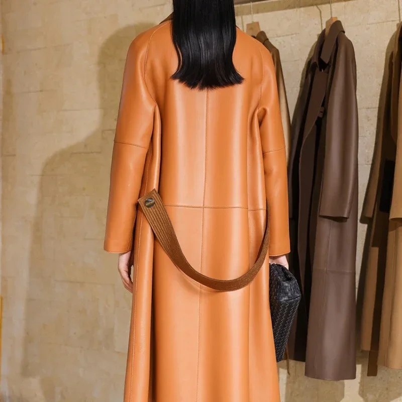 Autumn Winter 2022 New High End Double Sided Real Sheepskin Windbreaker Trench Coat Women\'s Mid Long Yellow Leather Jacket FCY