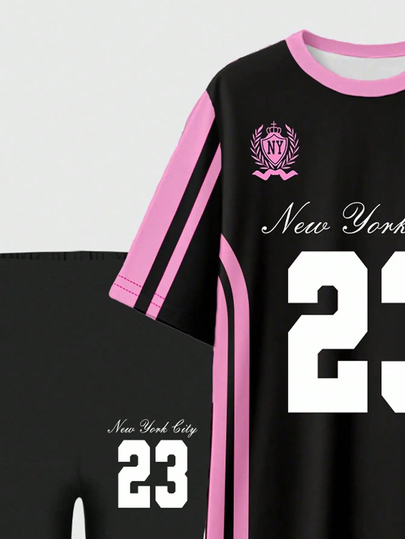 NYC 23 레터 그래픽 콘트라스트 사이드 심 매칭 티 & 레깅스 세트 (여성용)