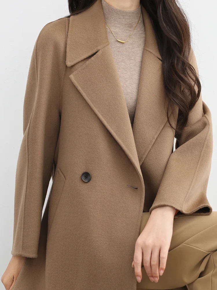 منتصف طول معطف الصوف النساء 100% الصوف معاطف قصيرة حزام واسعة طوق التلبيب الخريف الشتاء فضفاض سترة السيدات جديد # 27