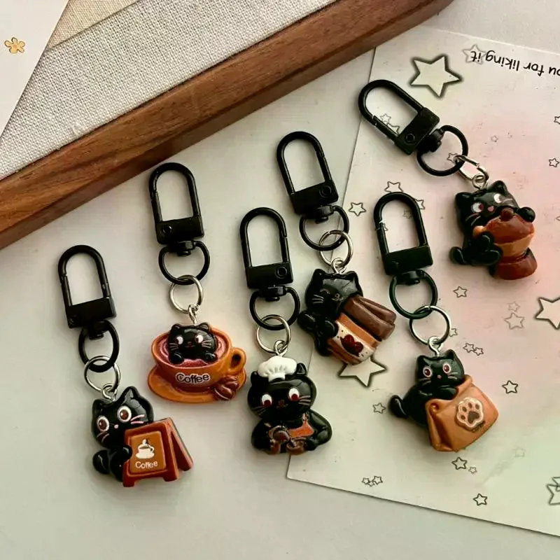 6Pcs Cute Chocolate Coffee Bag Charm Pendant Couples Backpack Purse Decoration Cartoon Black Cat Keychain For Women Gift - view 2