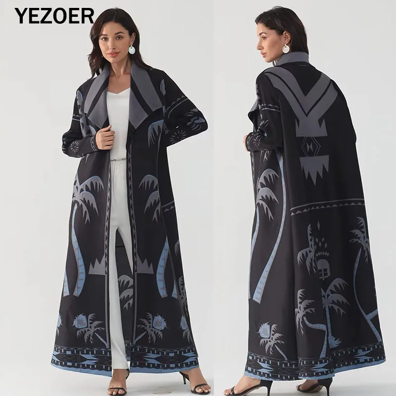 

Miyake Pleated 2025 New Dubai Original Designer Loose Cardigan Dress Coats Turndown Collar Long Sleeve Printed Abaya Women Femal